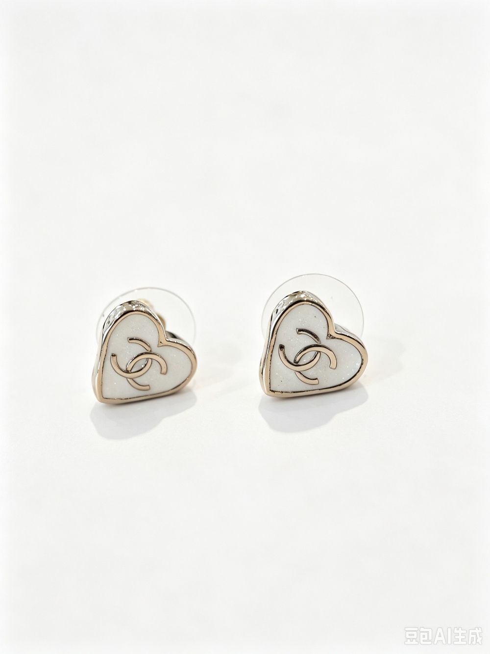 Chanel Heart Logo Stud Earrings in White and Gold